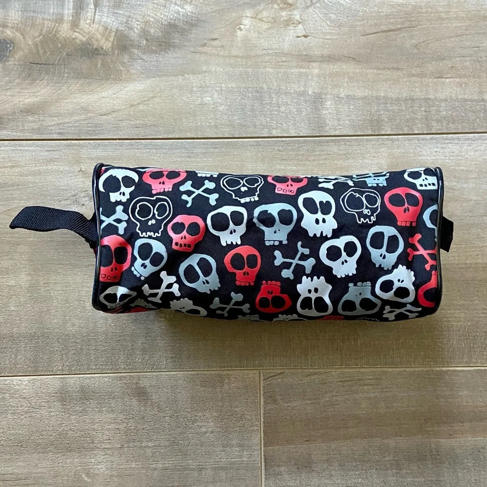 Fashion Stationary Black, Red and Gray Skull & Crossbones Double Zip Pencil Case
